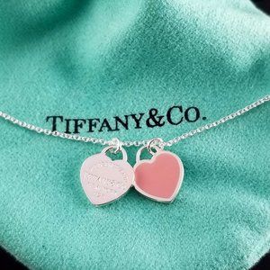 Tiffany Pink Mini Double Heart Silver Necklace 17"